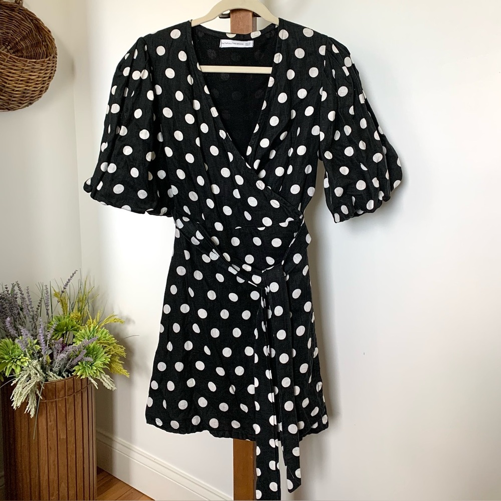 Faithful the Brand Godiva Wrap Linen Dress Black & White Polka Dot US 8 - Picture 11 of 15